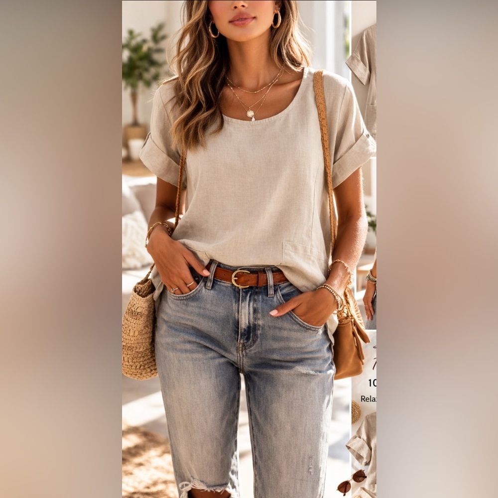 Francesca’s Bettini 100% Linen Beige Top | Relaxed Fit Patch Pocket Blouse